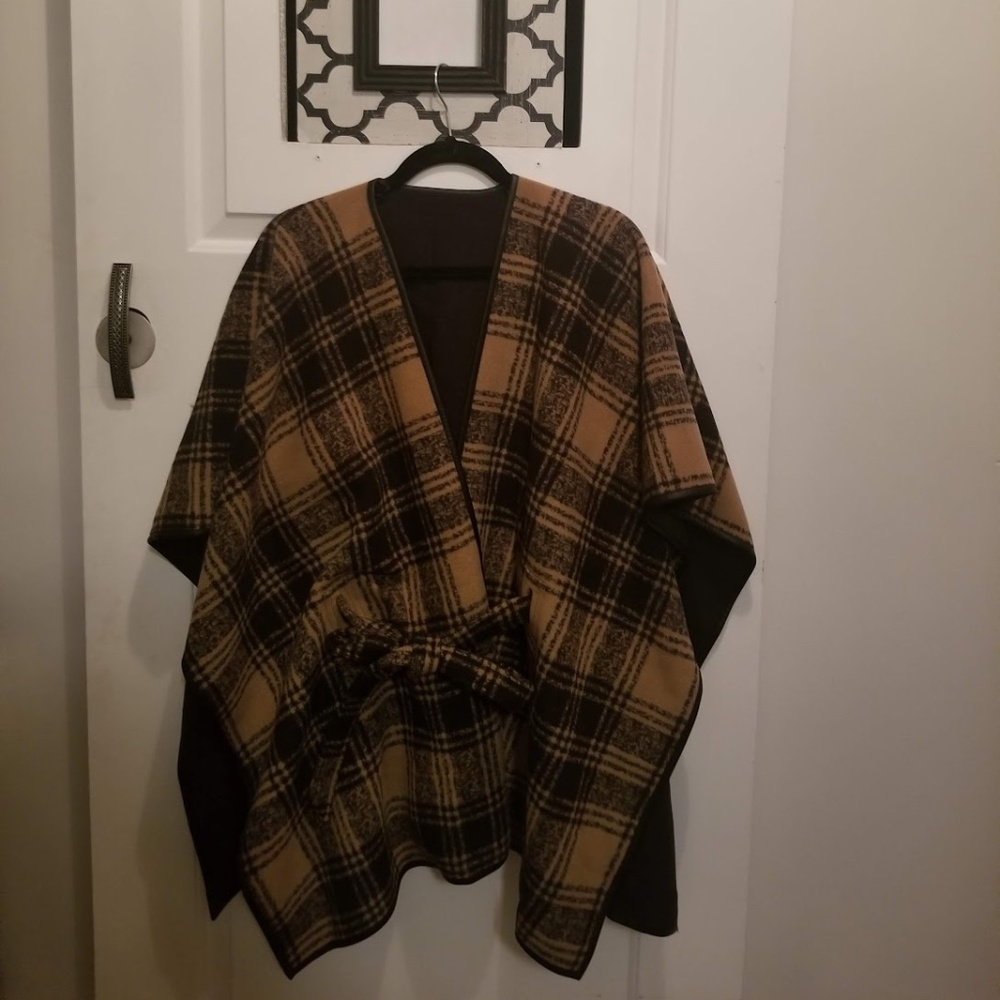 Fleece Plaid Shrug Shawl Wrap with Loop Tie Belt